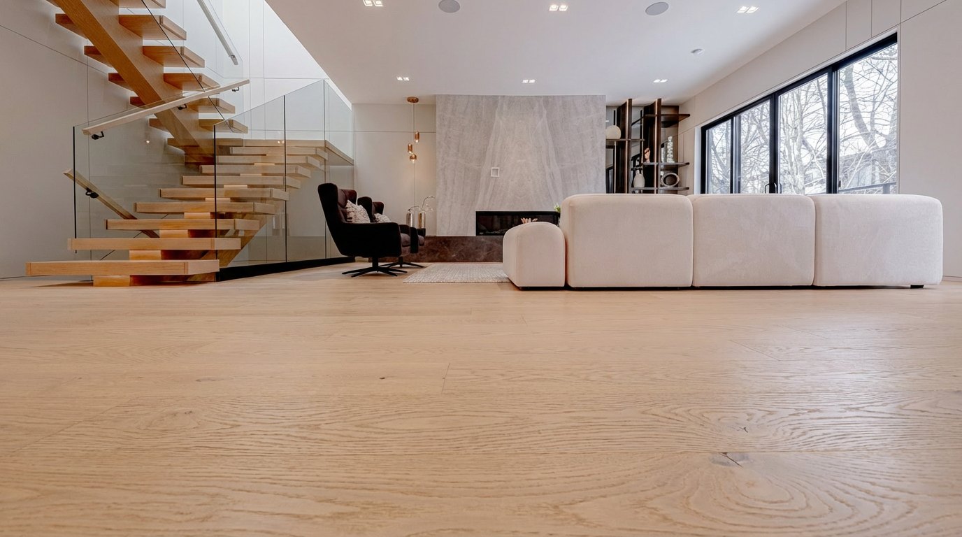Open-plan living space with light wide-plank oak floor, Bedford Park project