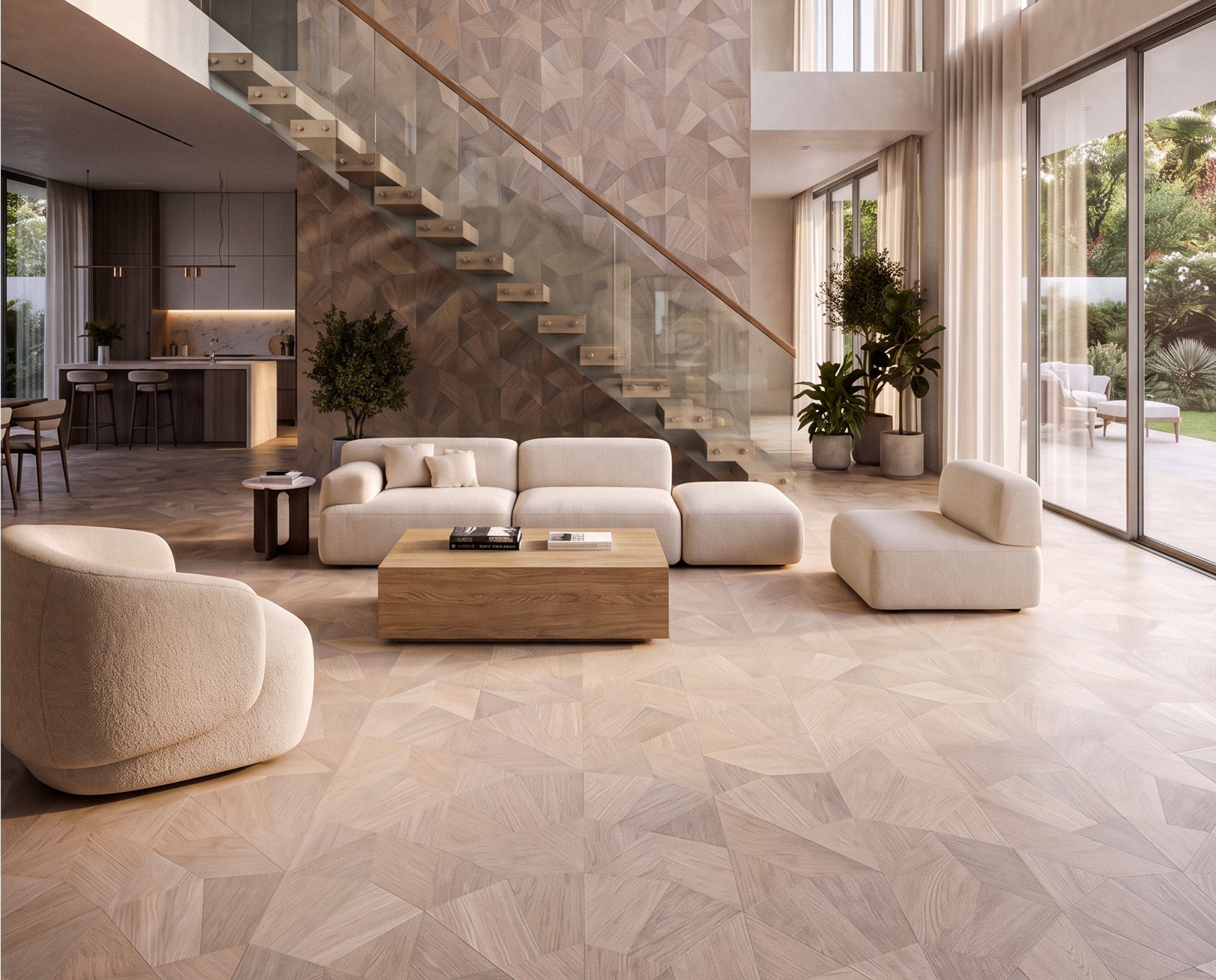 Bespoke geometric pattern floor in a double-height living room