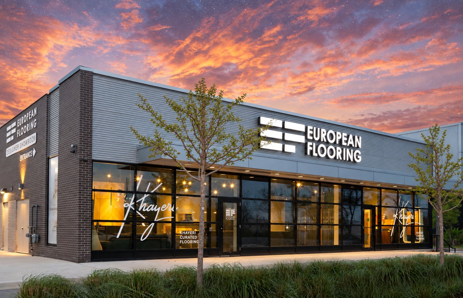 The Khayeri showroom at 1310 Castlefield Avenue, Toronto, at twilight
